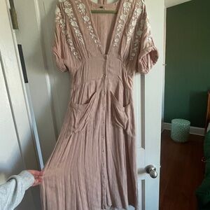 Free People Women's Love To Love You Embroidered Midi Dress Dusty Rose, Medium